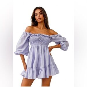 Selfie Leslie NWT Flynn Off The Shoulder Cottage Core Mini Dress Lavender Large